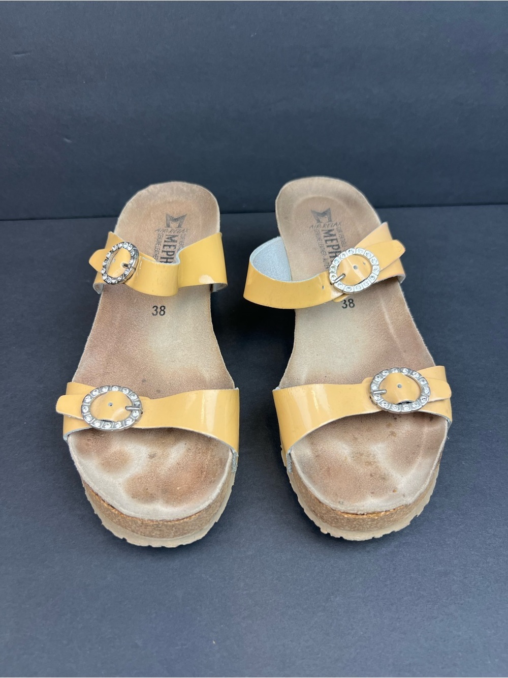 Mephisto Patent Yellow Double-Strap Sandals Rhinestone Buckles US 7.5 Euro 38